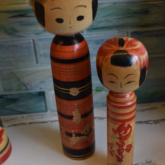 Vintage Kokeshi Wooden Hand Painted Japanese Dolls-Set of 2 - Picture 7 of 12